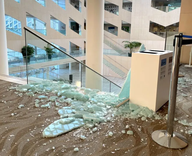 Restoration crews work to repair damage inside Edmonton City Hall Wednesday, Jan. 24, 2024, one day after a shooting inside the building.