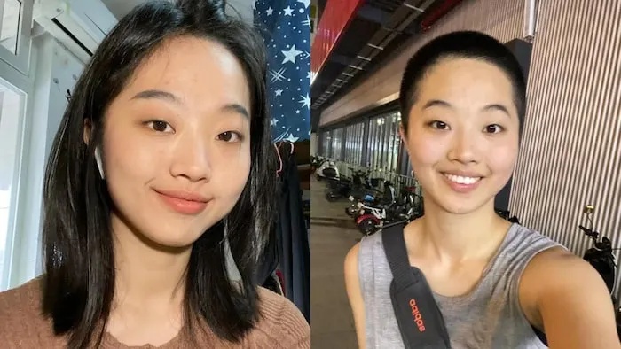 左边是长发女子的相片，右边是剃光头女子的相片。