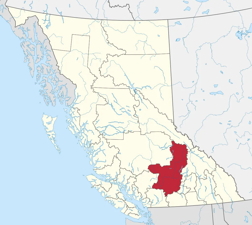 A map of British Columbia depicting its 27 regional districts and equivalent municipalities. One is highlighted in red.